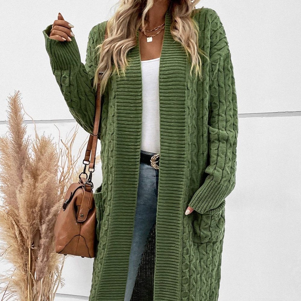 Green Casual Womens Dual Pocket Drop Shoulder Cable Knit Duster Cardigan - Picture 2 of 5